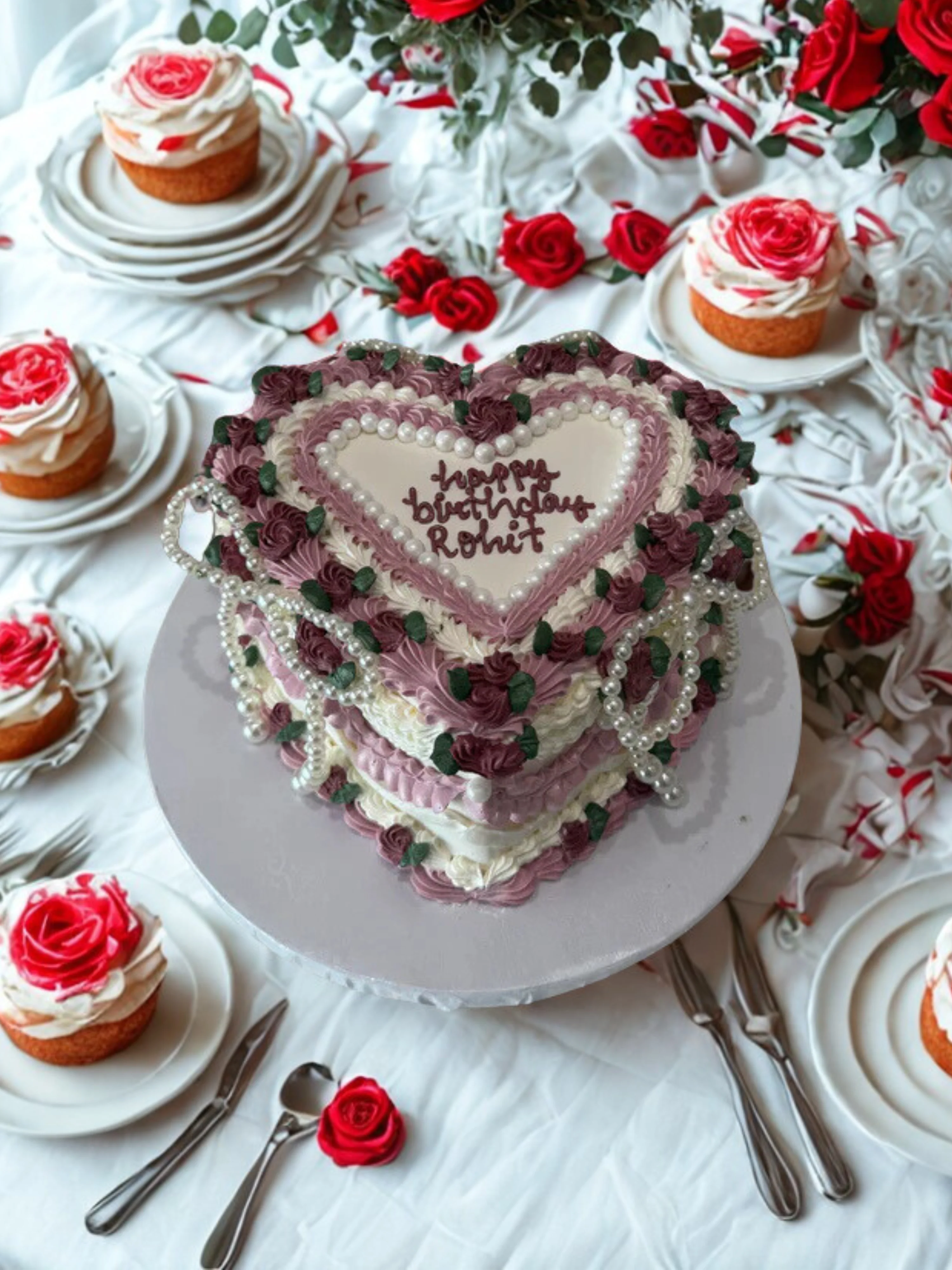 Mauve Pearly Heart Vintage Cake - Image 3