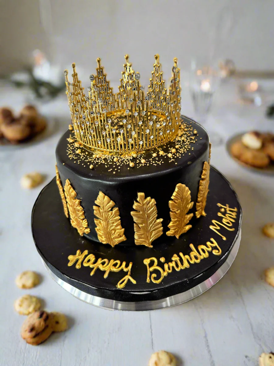 Mohit Black & Gold Crown Fondant Cake - Image 7