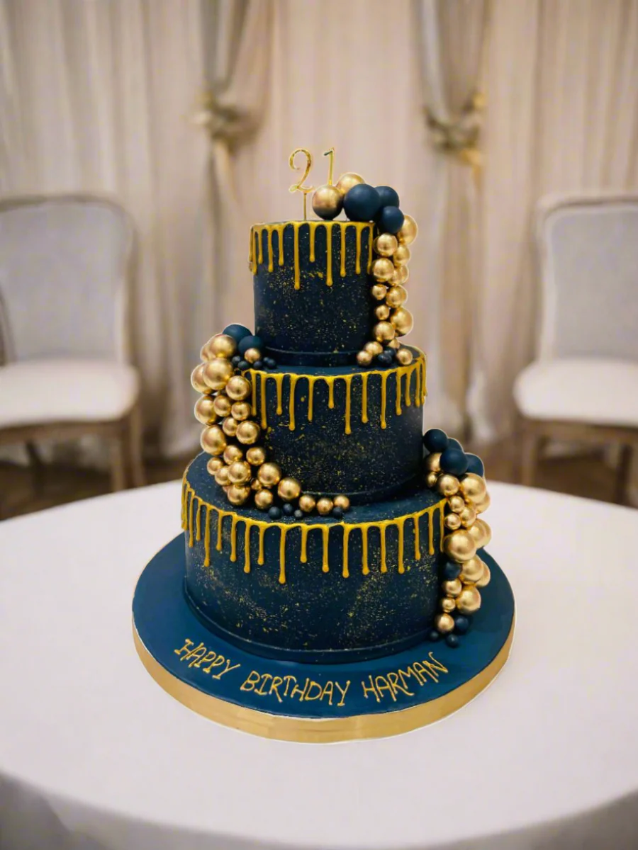 Navy Blue & Gold Fondant Wedding Cake - Image 2