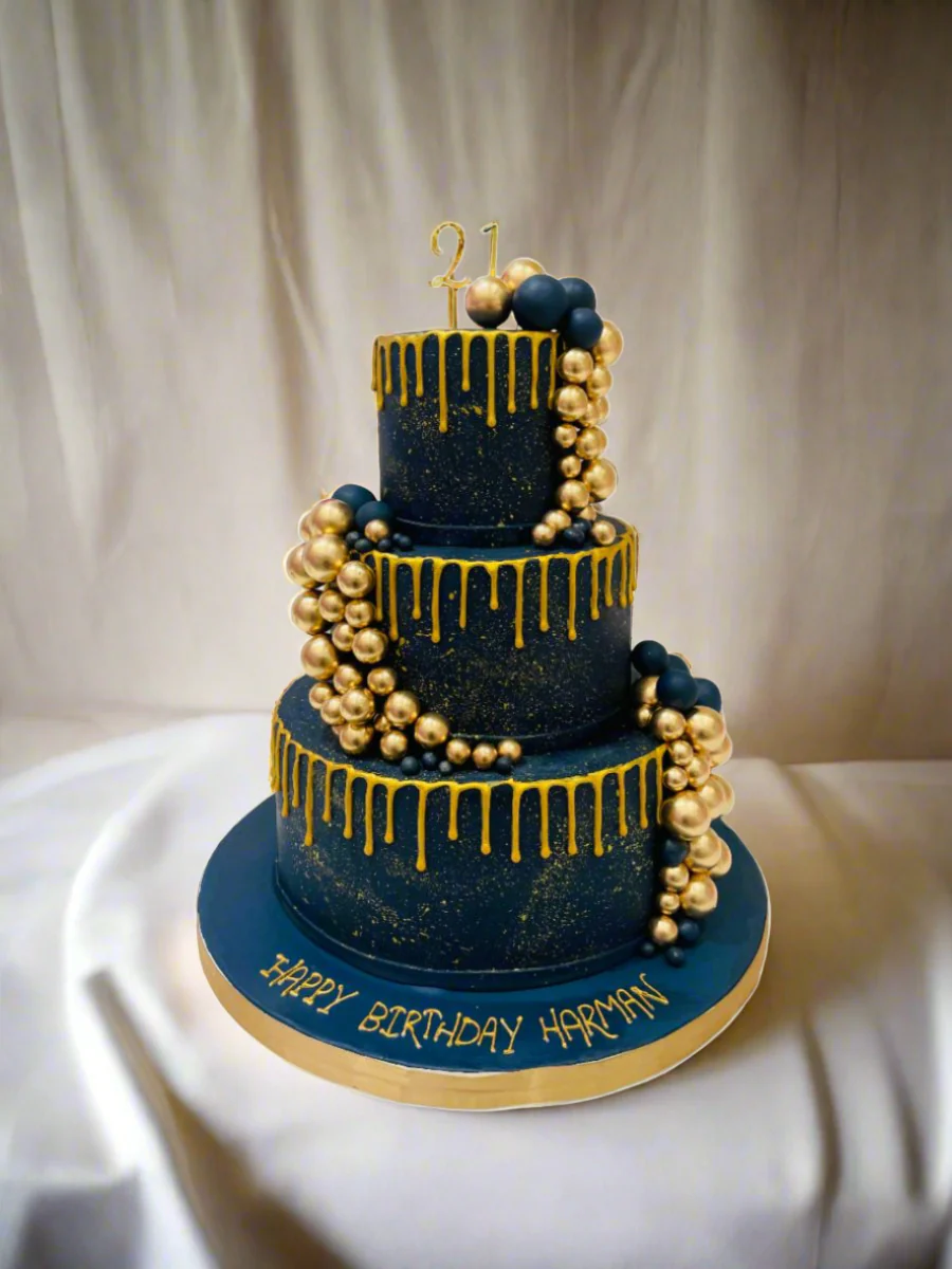 Navy Blue & Gold Fondant Wedding Cake - Image 3