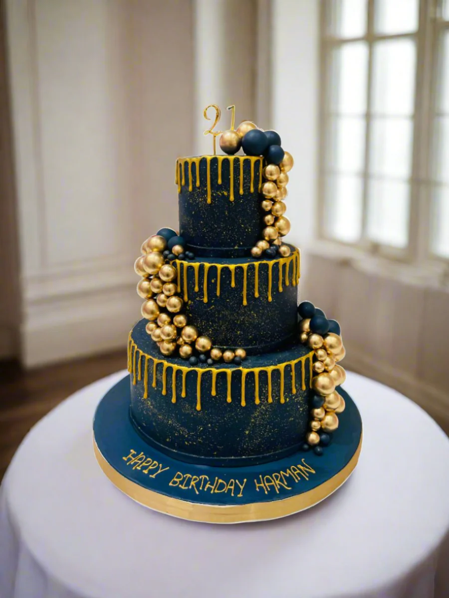 Navy Blue & Gold Fondant Wedding Cake - Image 4
