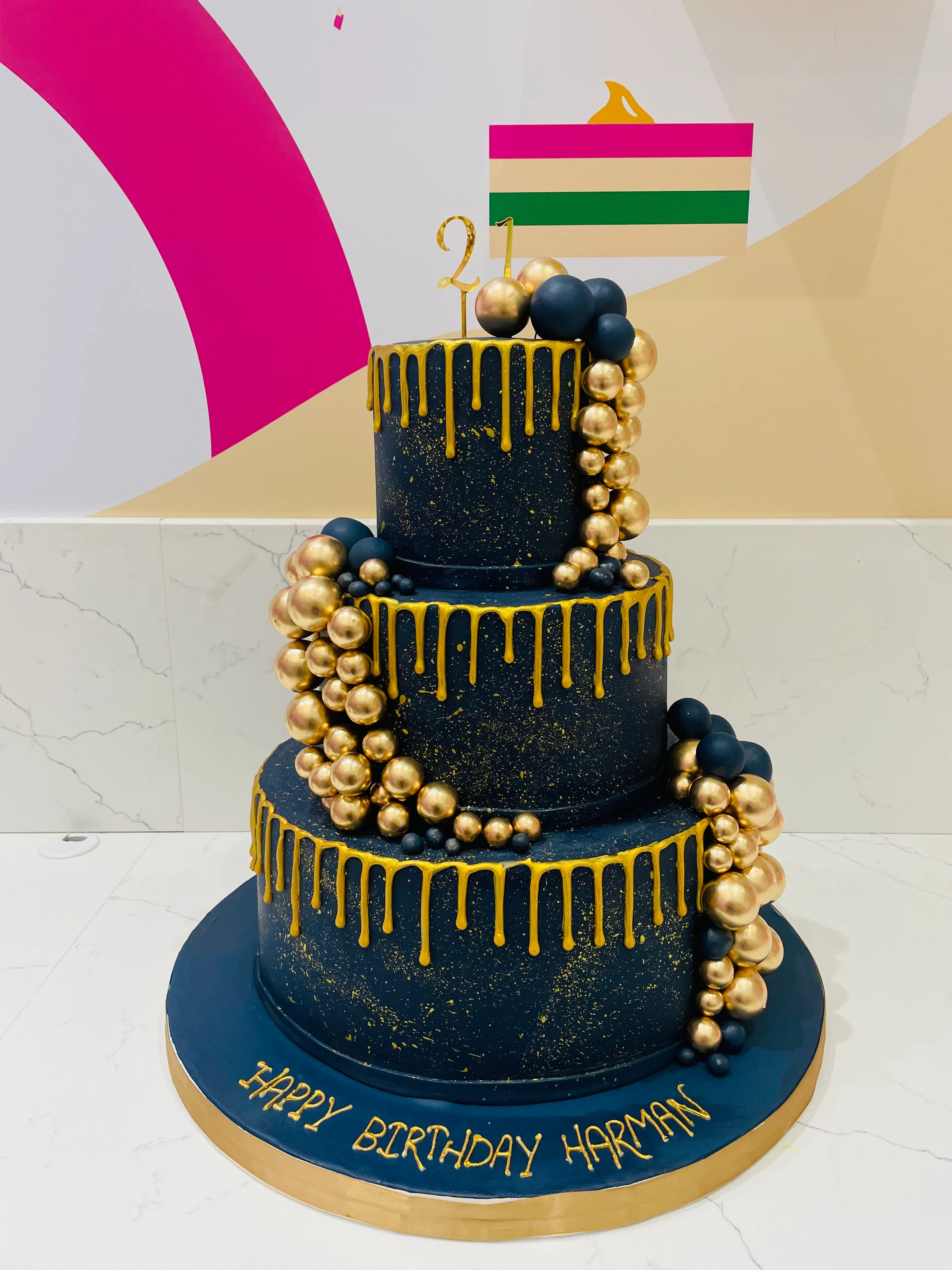 Navy Blue & Gold Fondant Wedding Cake - Image 5