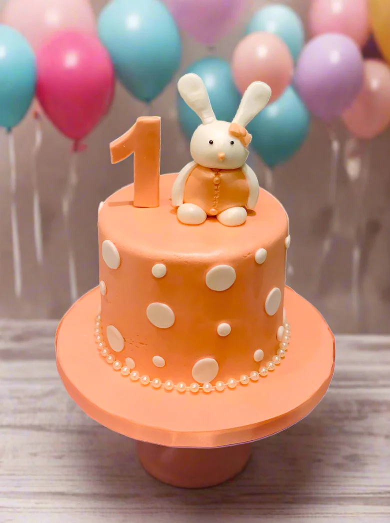 Peach Bunny Fondant Birthday Cake - Image 4