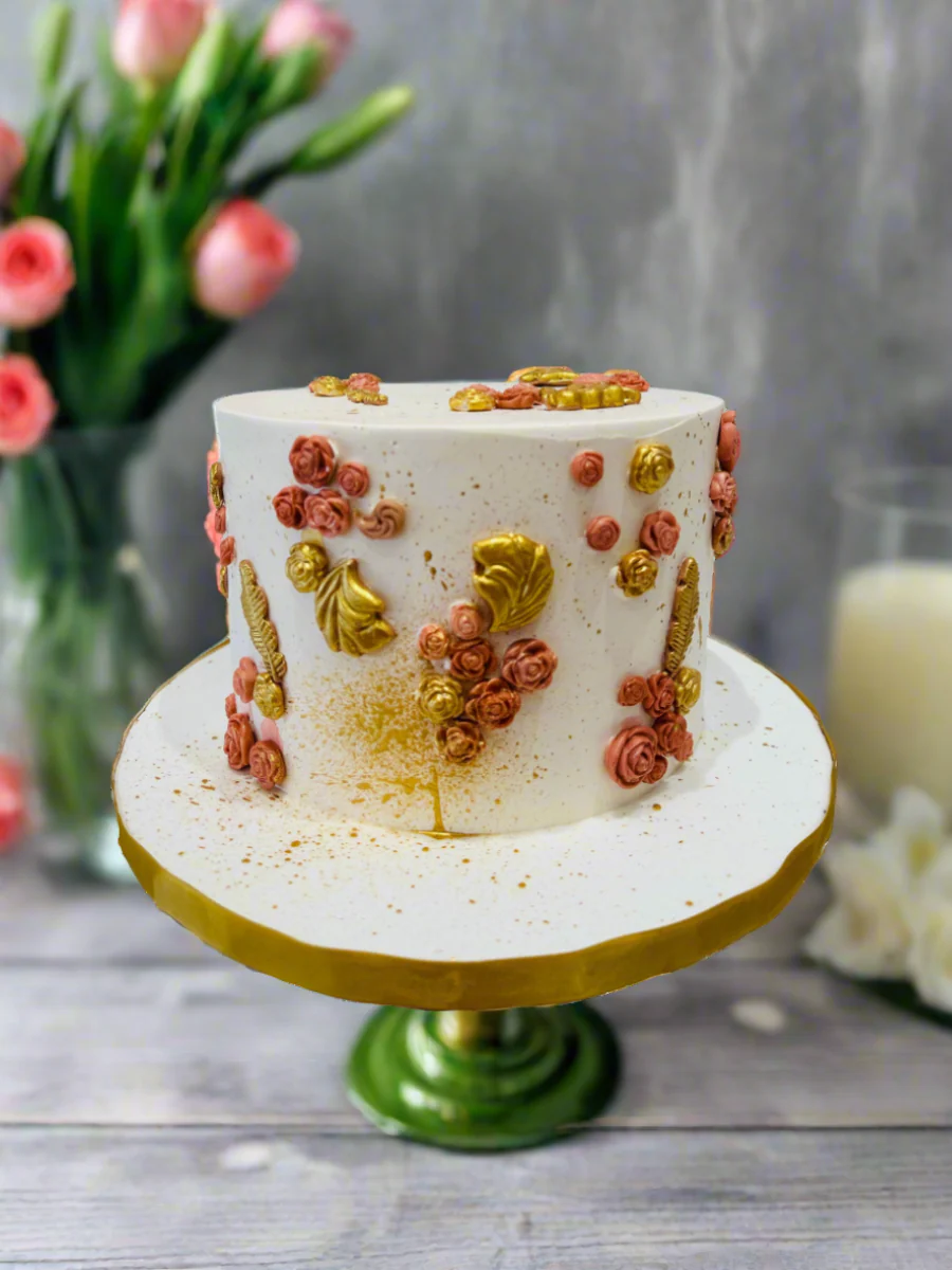 Peach & Gold Floral Cream Cake - Image 2