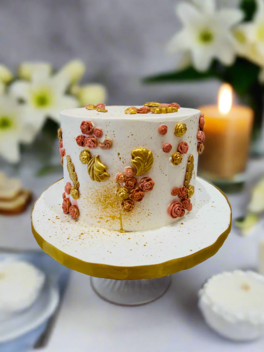 Peach & Gold Floral Cream Cake - Image 3
