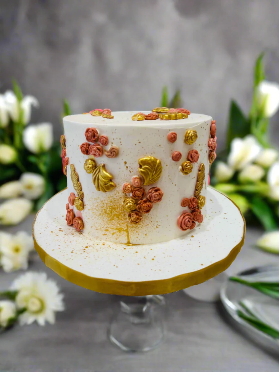 Peach & Gold Floral Cream Cake - Image 4