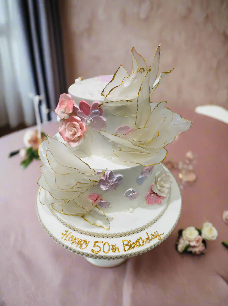 Peachy Pink Ruffle Cream Tiered Cake - Image 2