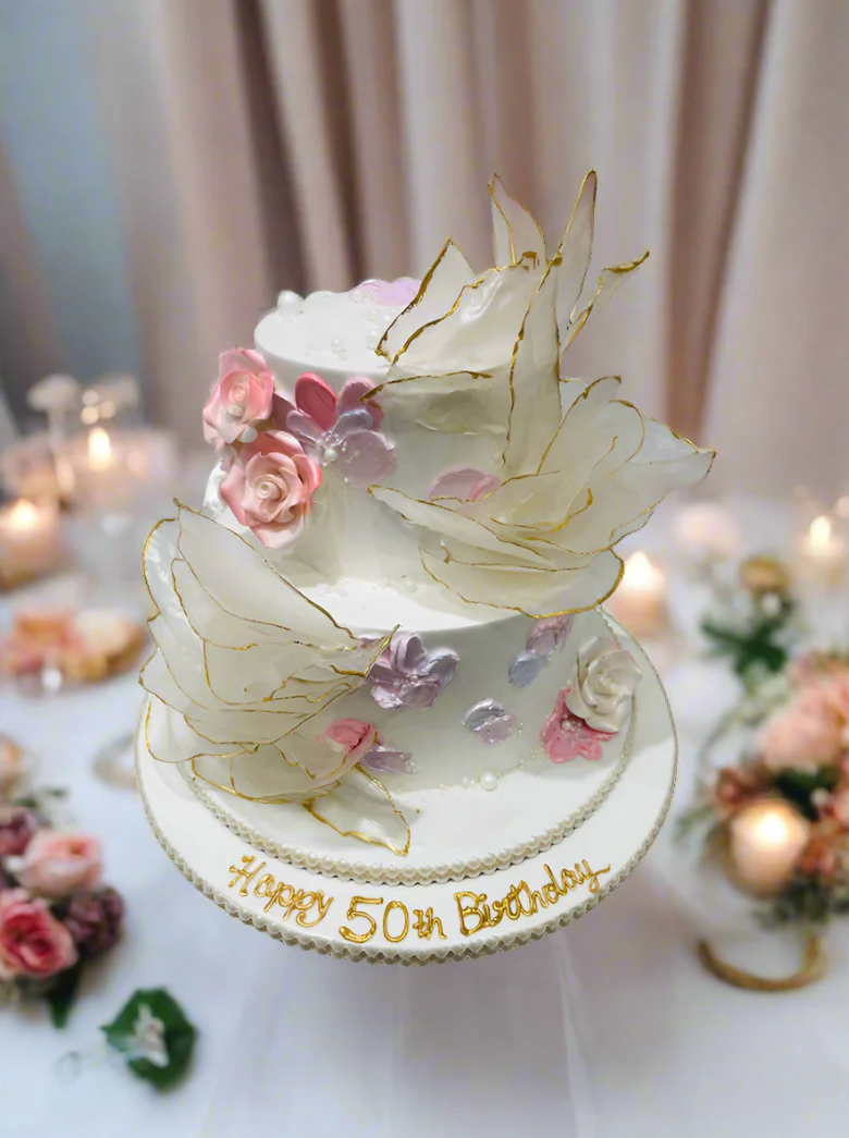Peachy Pink Ruffle Cream Tiered Cake - Image 3