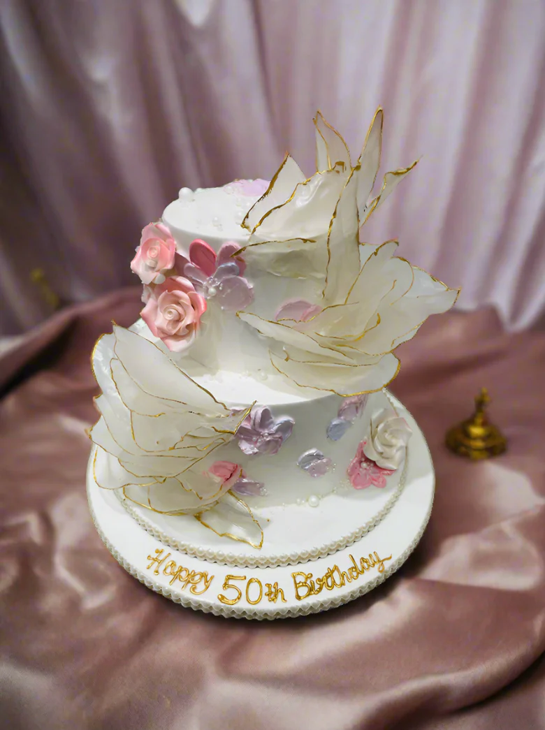 Peachy Pink Ruffle Cream Tiered Cake - Image 4