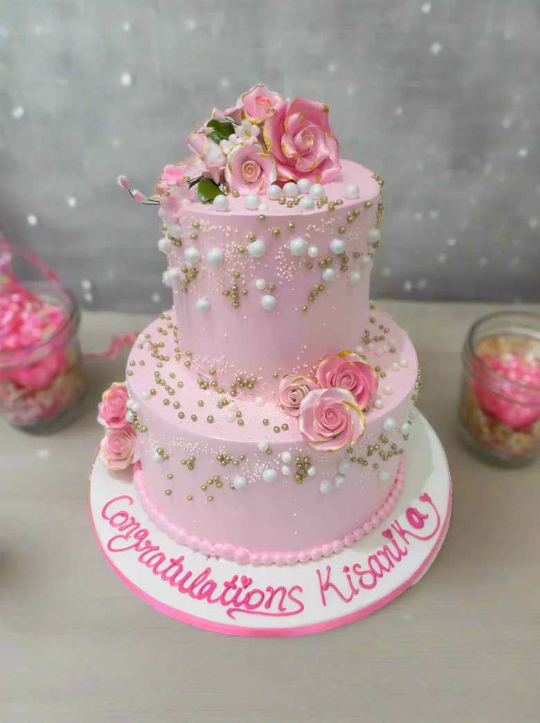 Pink Blossom Tiered Cream Cake - Image 4