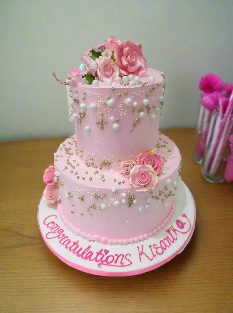 Pink Blossom Tiered Cream Cake - Image 6