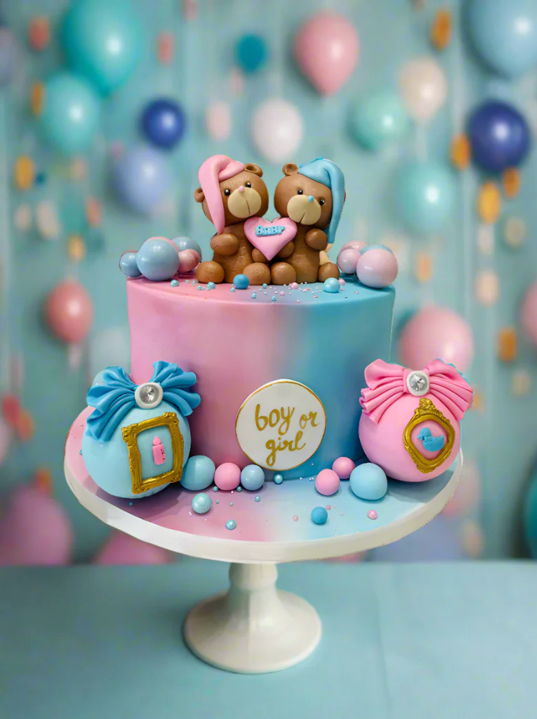 Pink & Blue Teddy Cream Cake - Image 2