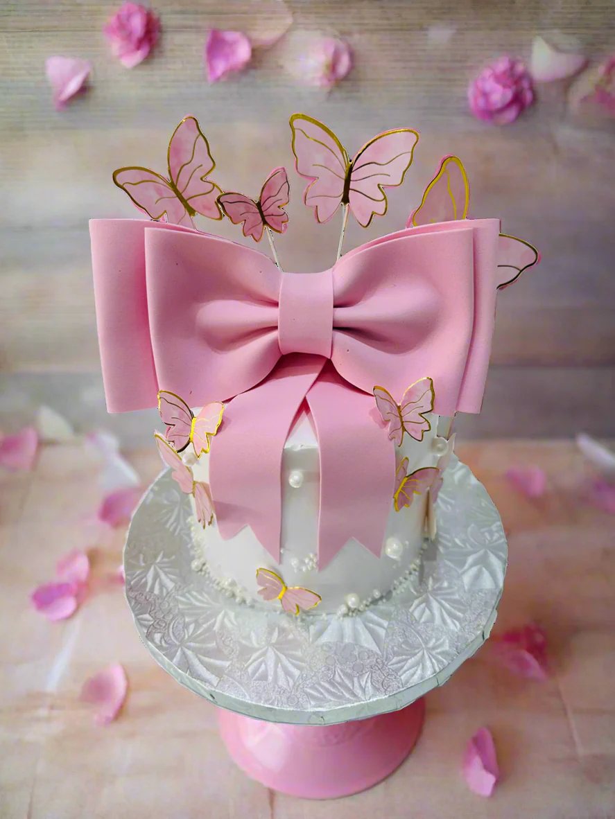 Pink Bow Butterfly Cream Cake - Image 3