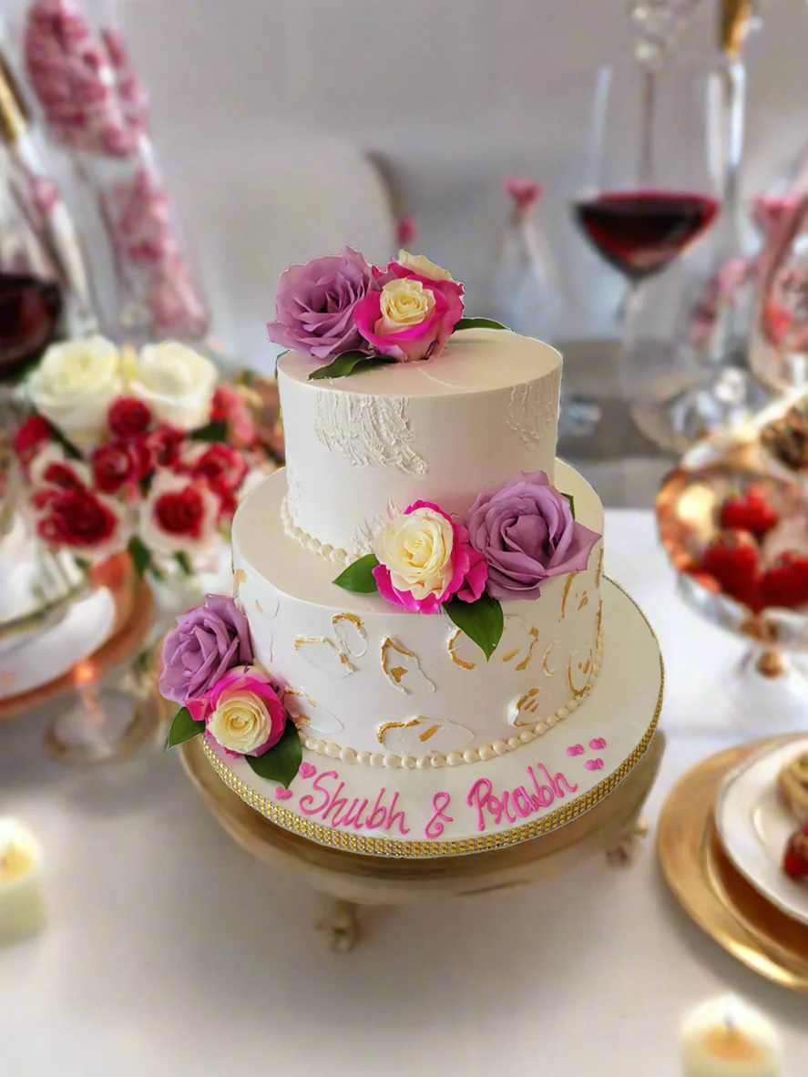 Pink & Purple Cream Engagement Cake - Image 3