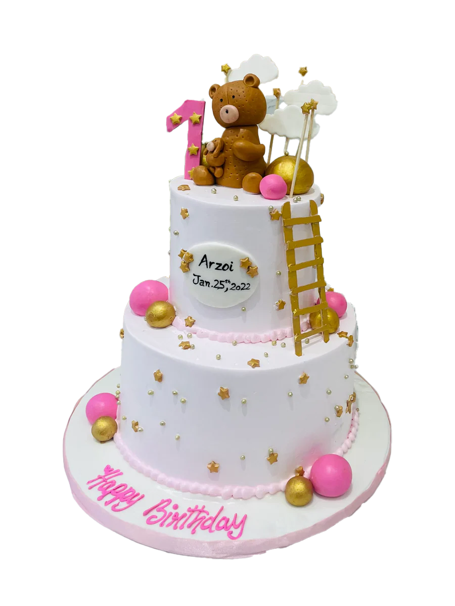 Pink Teddy & Ladder Cream Cake