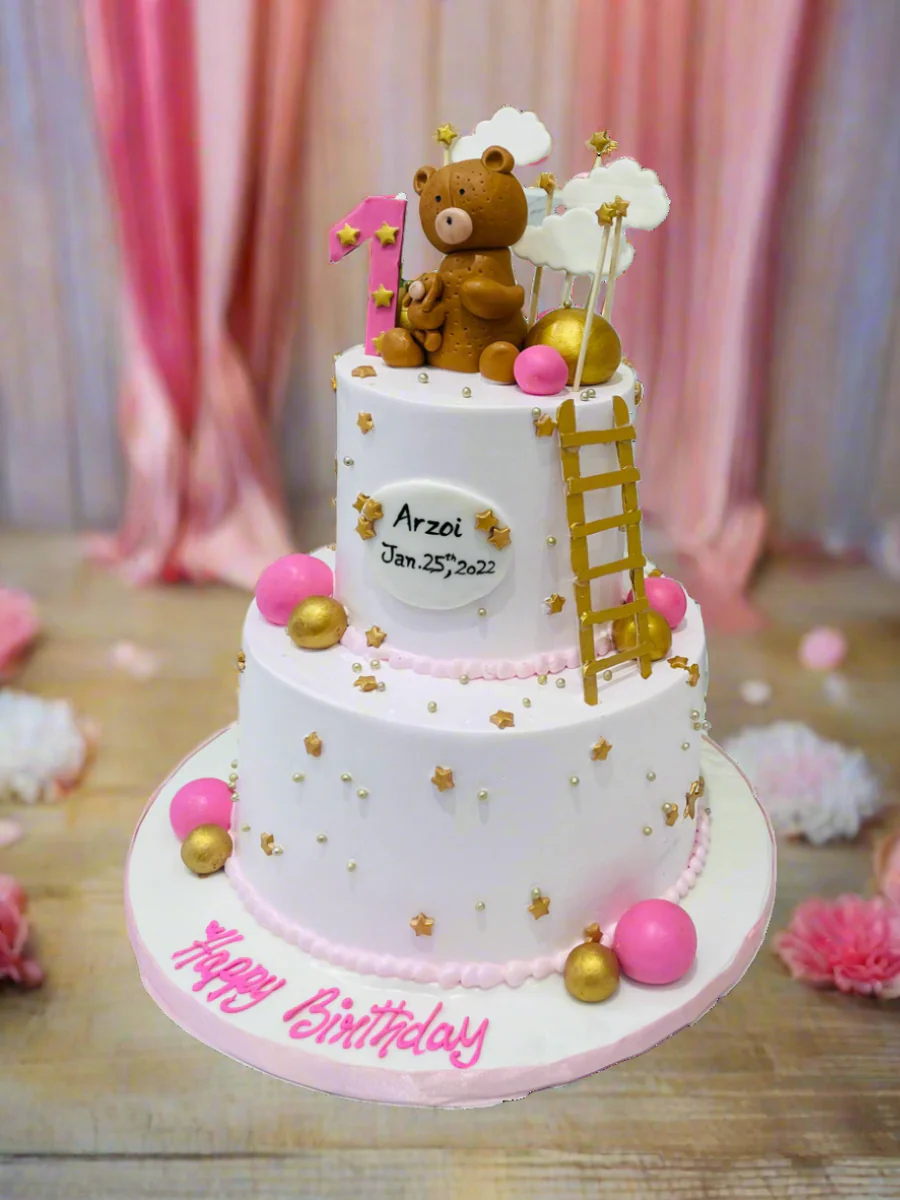 Pink Teddy & Ladder Cream Cake - Image 2