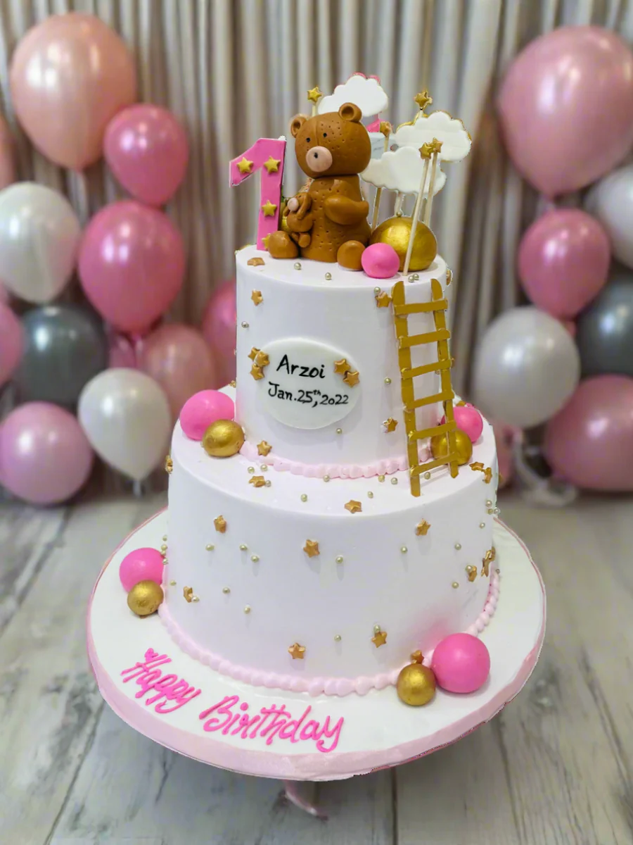Pink Teddy & Ladder Cream Cake - Image 3