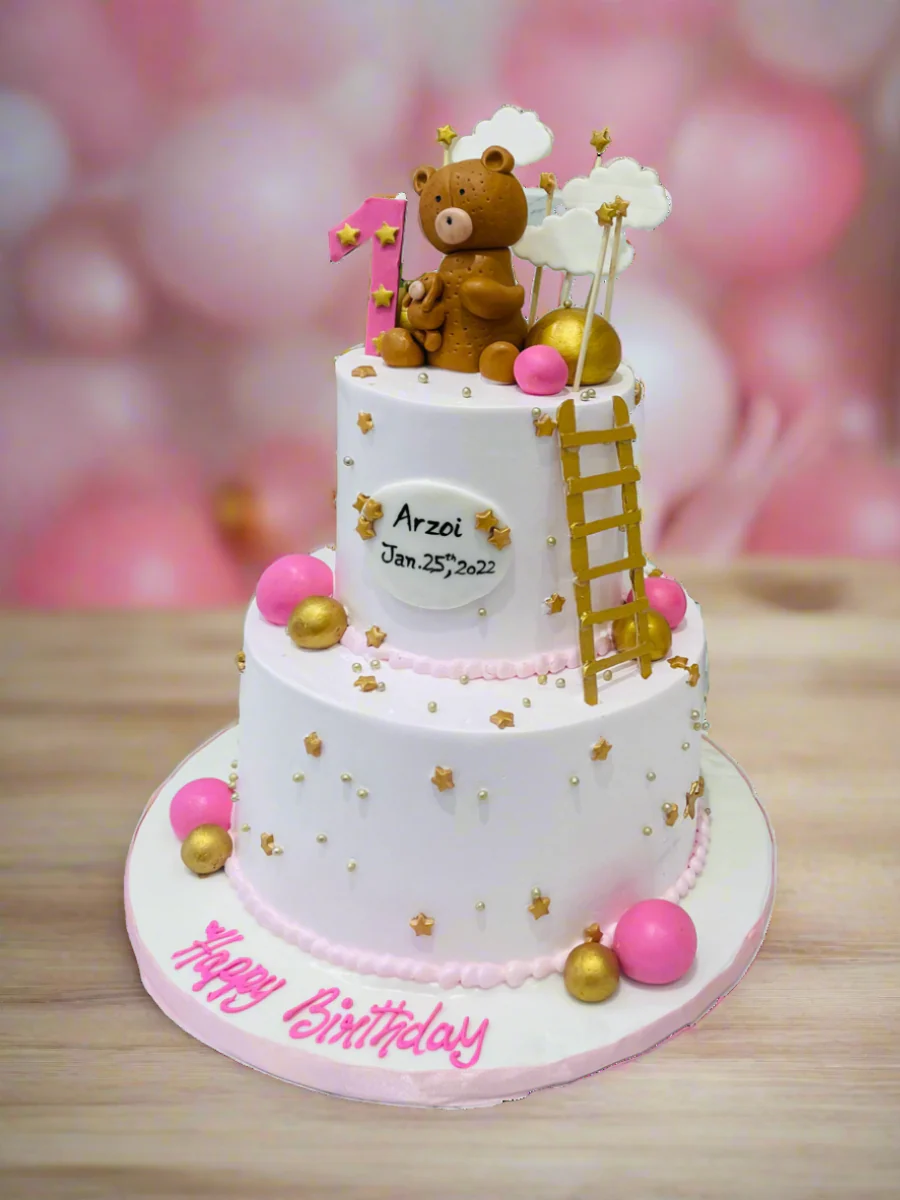 Pink Teddy & Ladder Cream Cake - Image 4