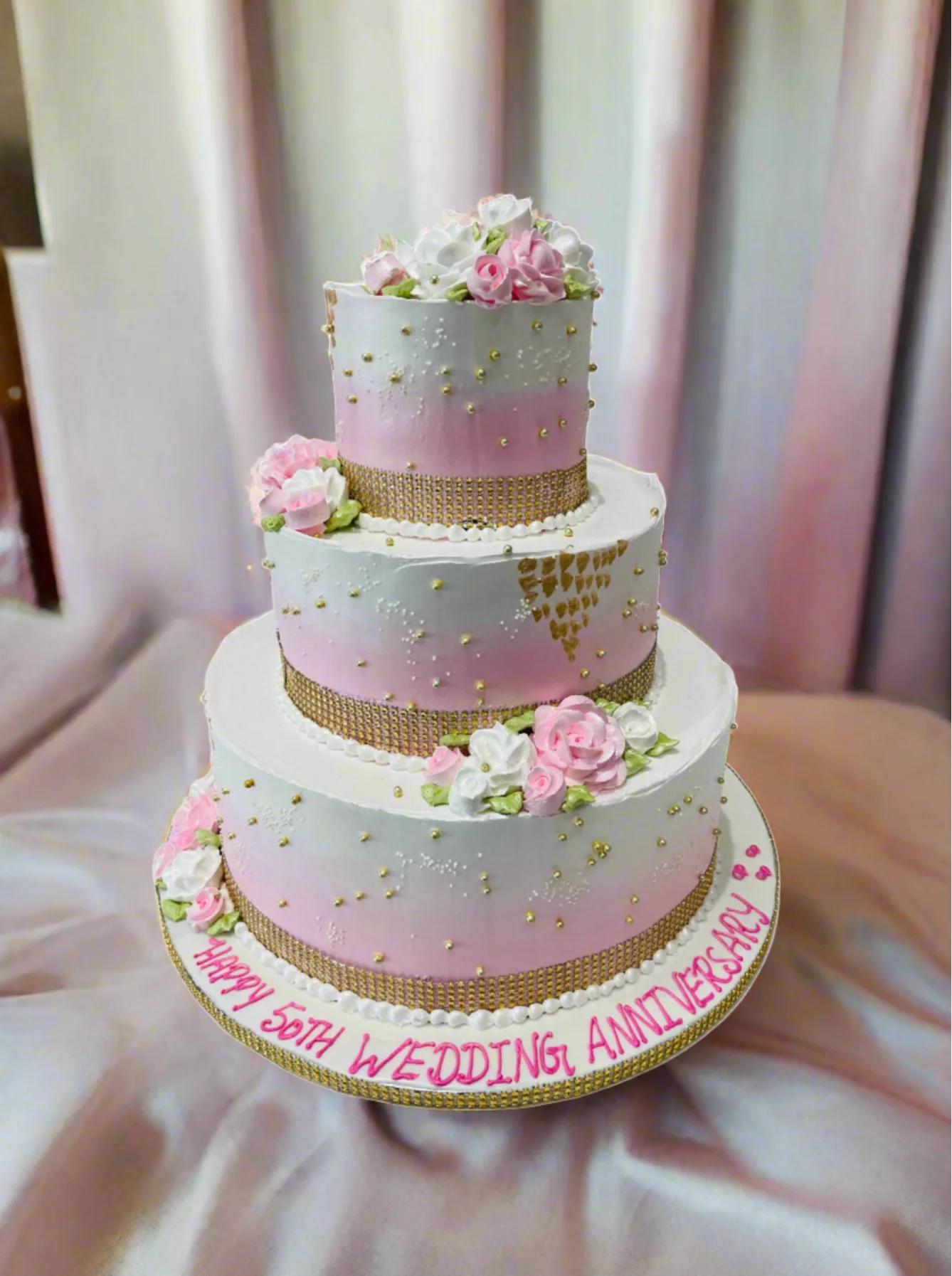 Pink Theme Cream Wedding Cake - Image 4