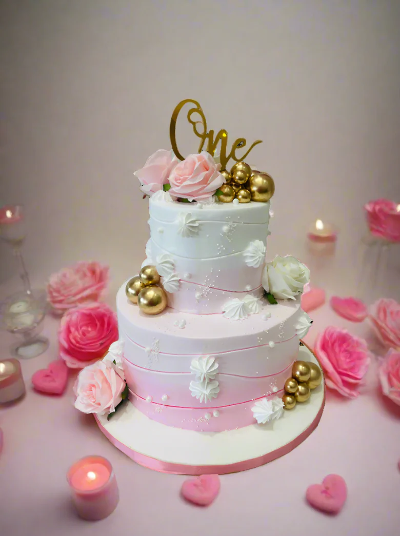 Pink & White First Birthday Cake - Image 2