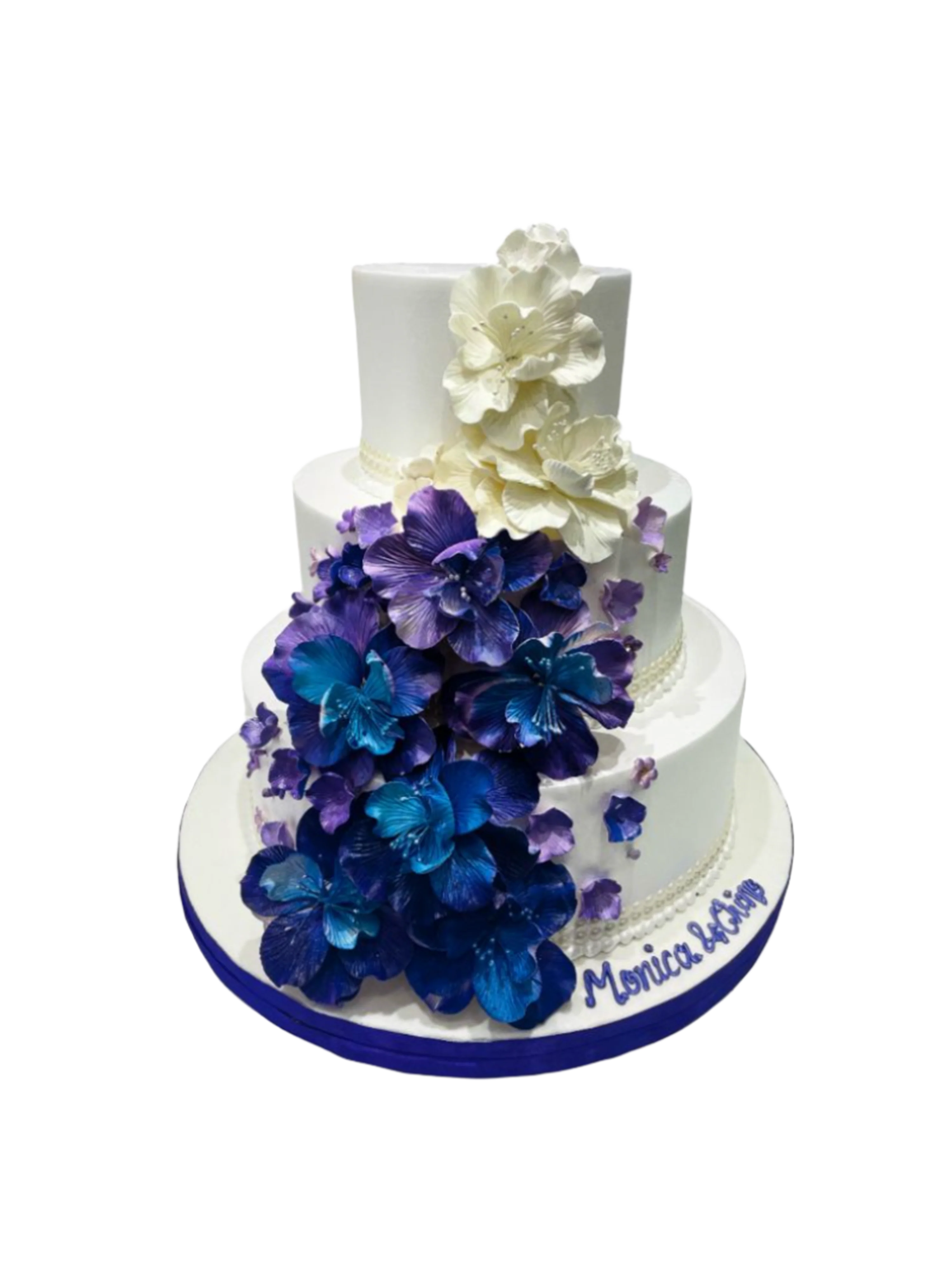 Purple & Blue Cascading Flowers Wedding Cake
