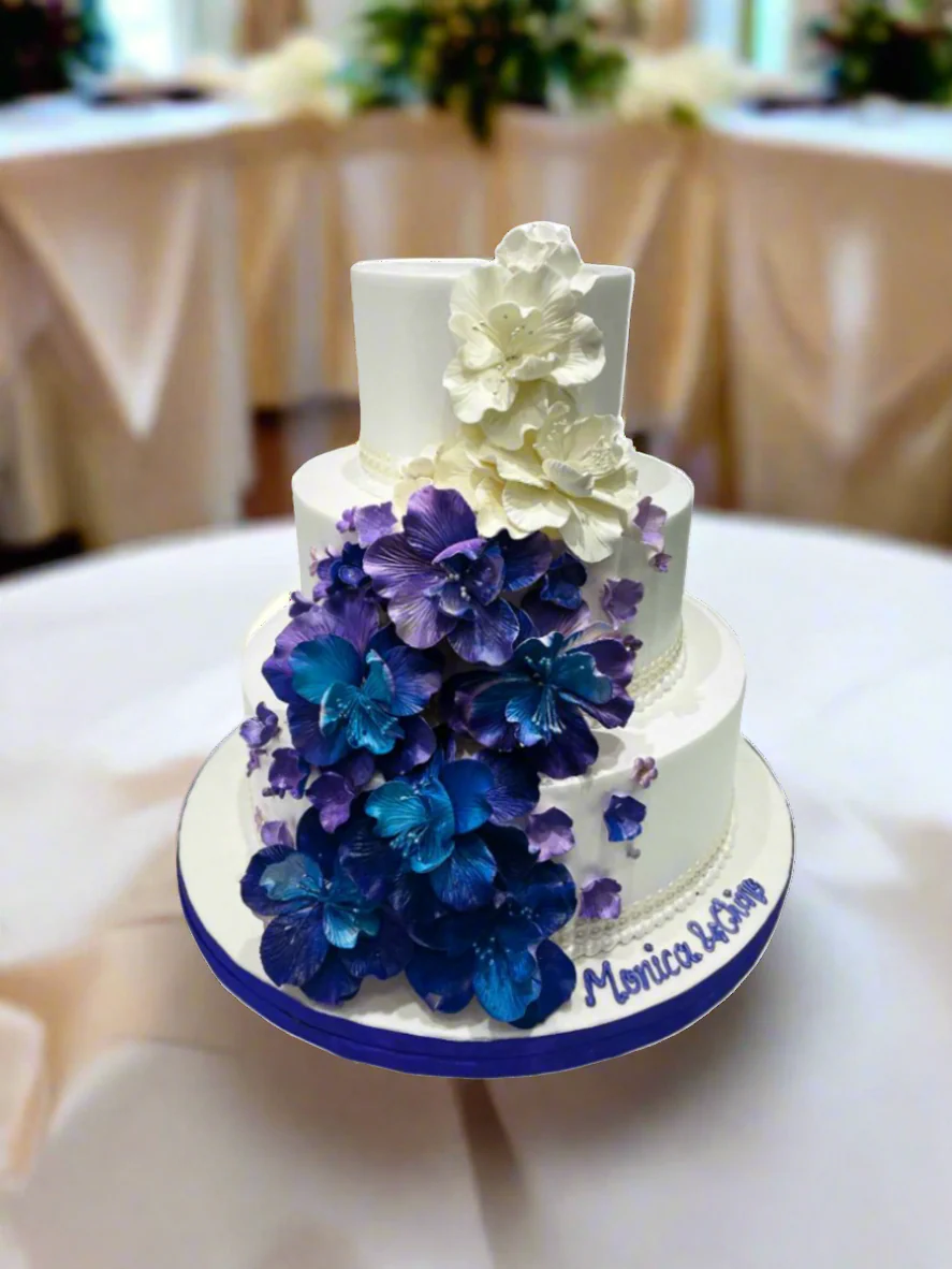 Purple & Blue Cascading Flowers Wedding Cake - Image 2