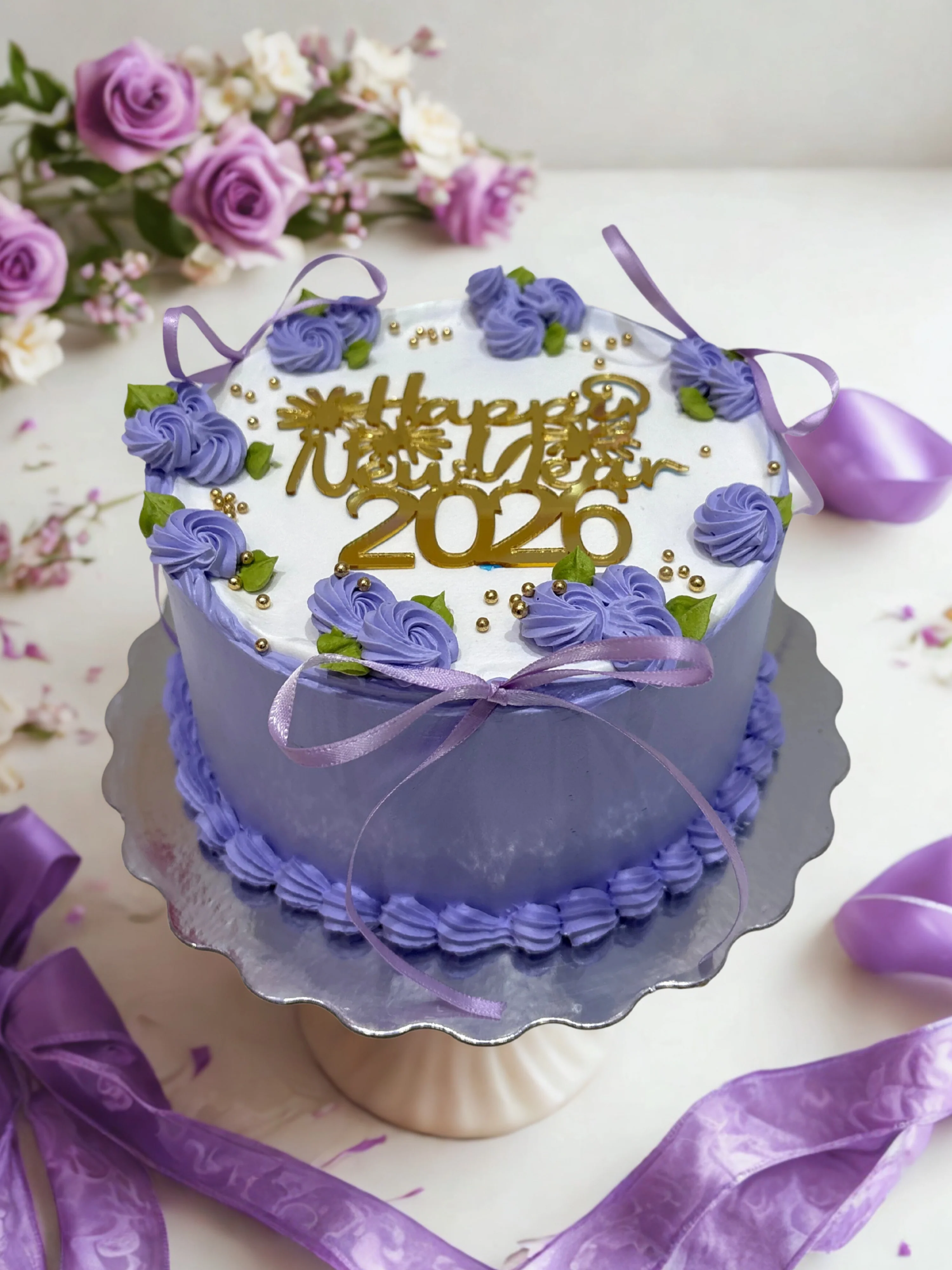 Purple Bow Floral Cake - Image 2