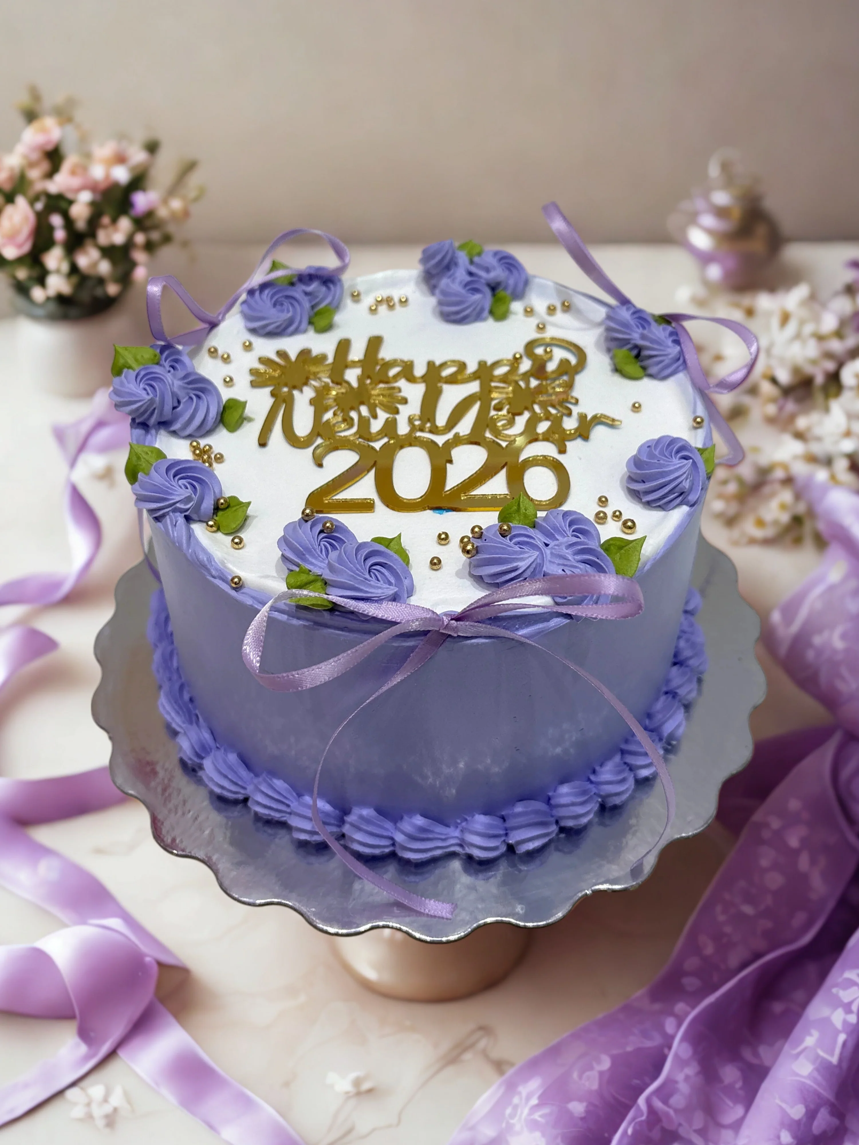 Purple Bow Floral Cake - Image 4