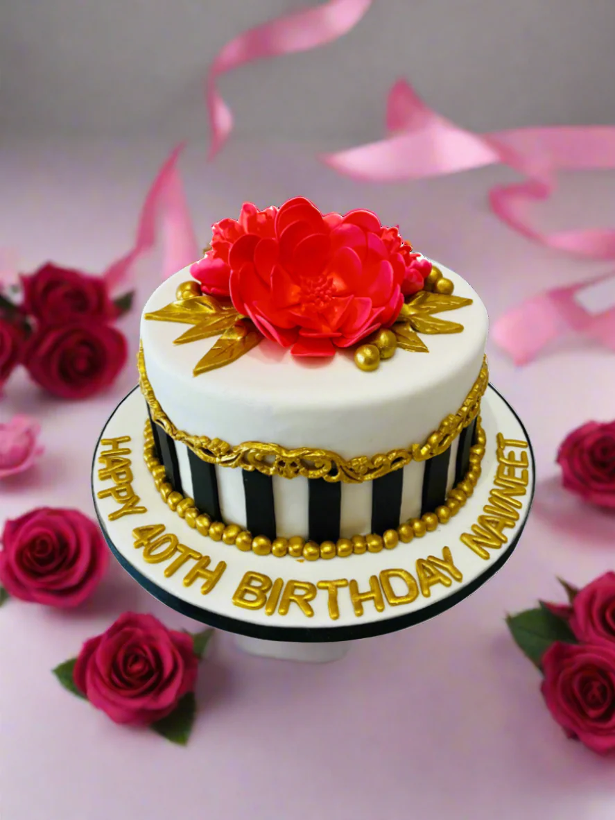 Red Dahlia Gold Fondant Cake - Image 2