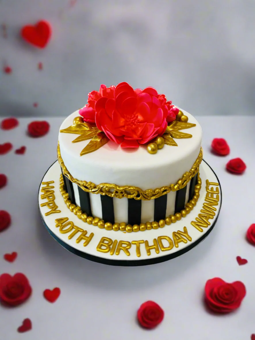 Red Dahlia Gold Fondant Cake - Image 3