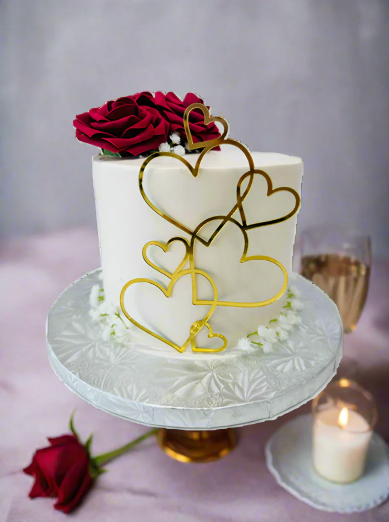 Red Flowers & Golden Hearts Cake - Image 2
