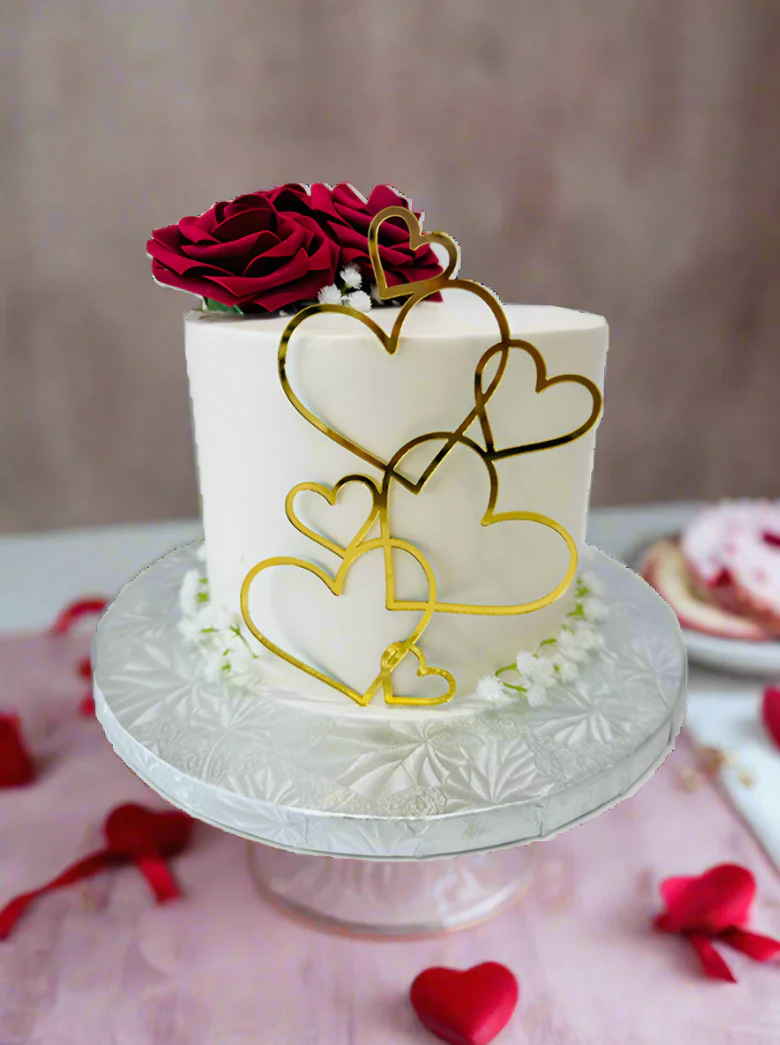Red Flowers & Golden Hearts Cake - Image 3