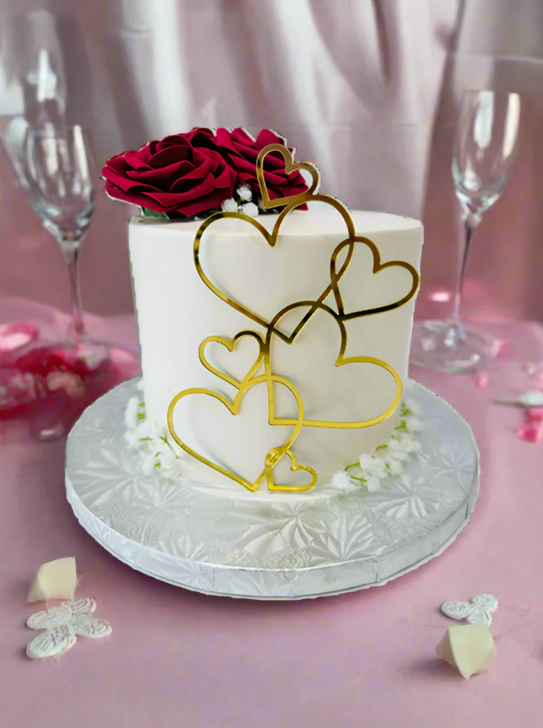 Red Flowers & Golden Hearts Cake - Image 4