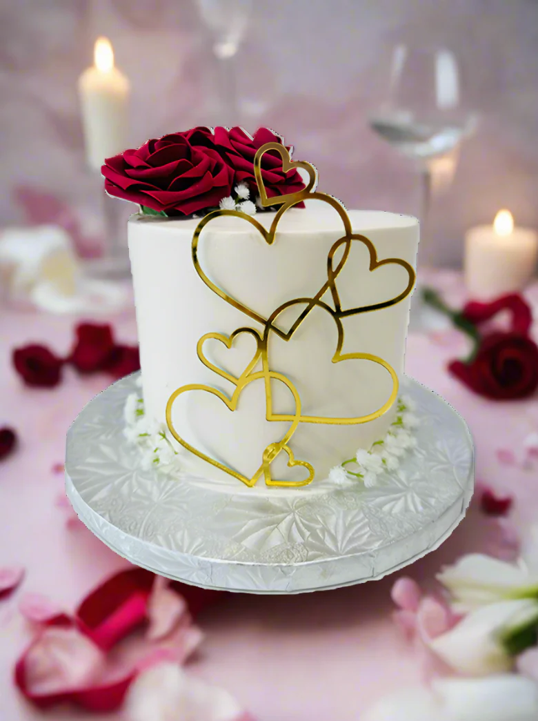 Red Flowers & Golden Hearts Cake - Image 5