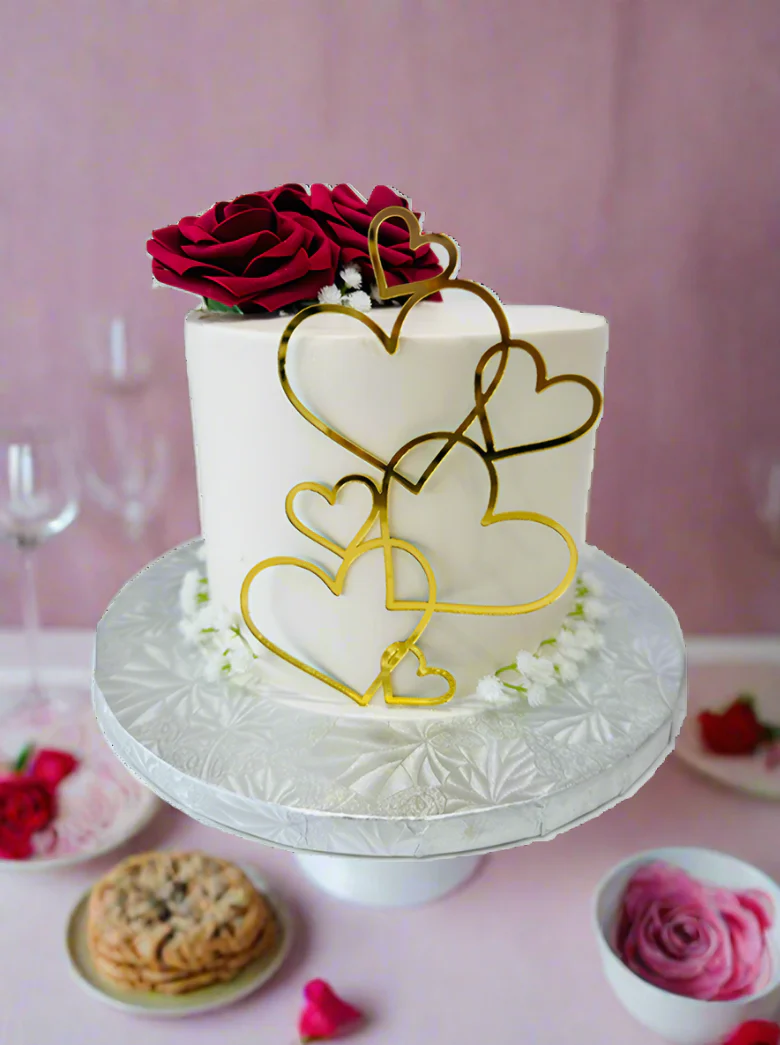Red Flowers & Golden Hearts Cake - Image 6
