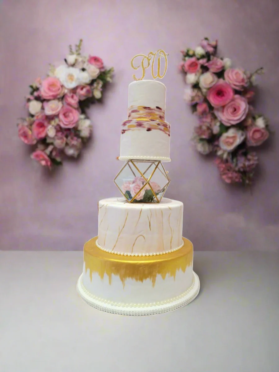 Rosy Pink & Gold Wedding Cake - Image 3