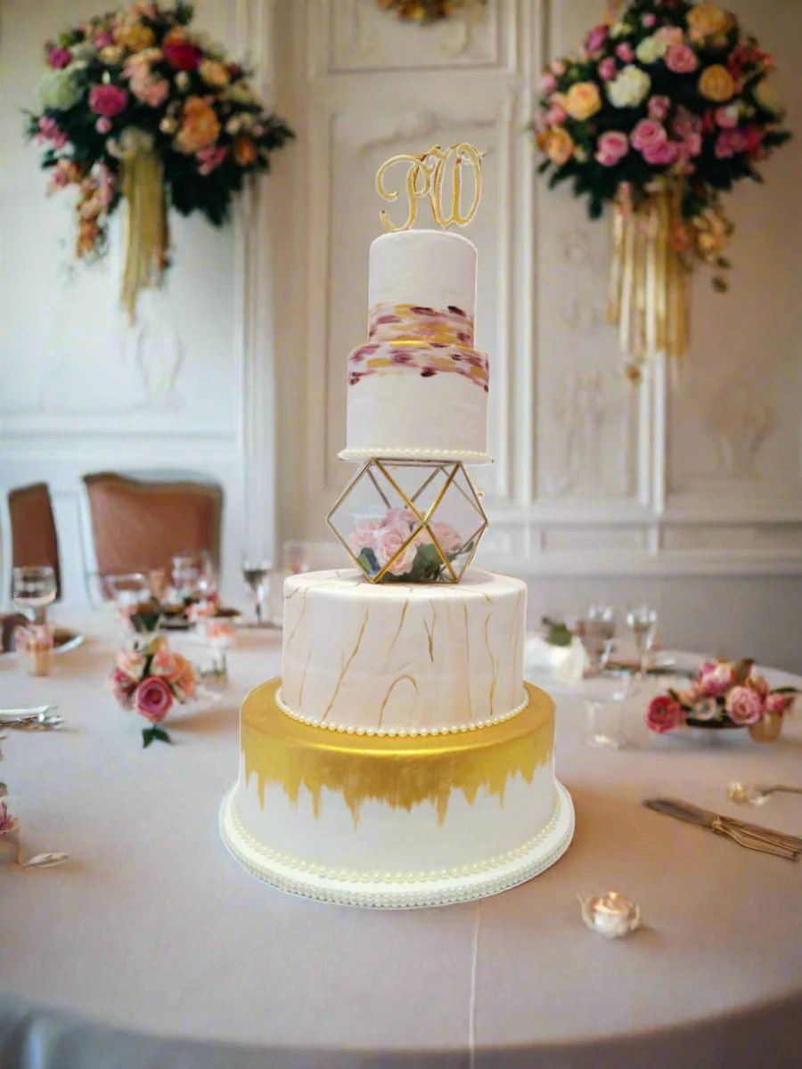 Rosy Pink & Gold Wedding Cake - Image 4