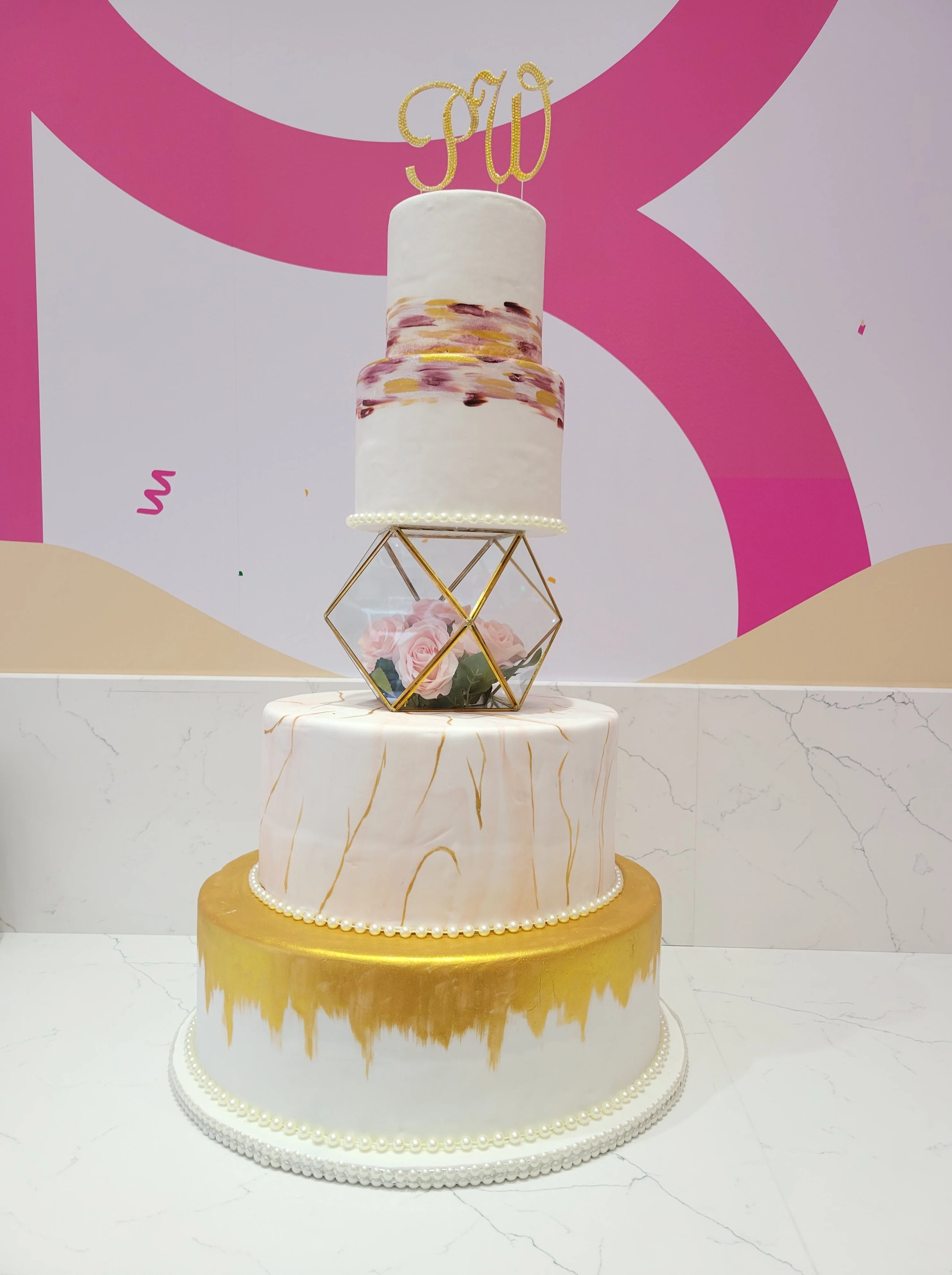 Rosy Pink & Gold Wedding Cake - Image 6