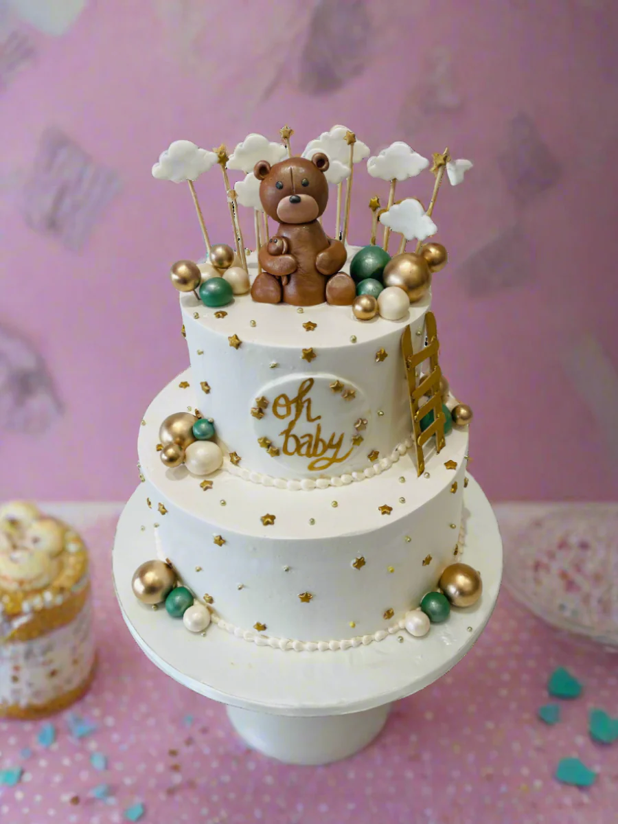Sage Green & Gold Teddy Cream Cake - Image 2