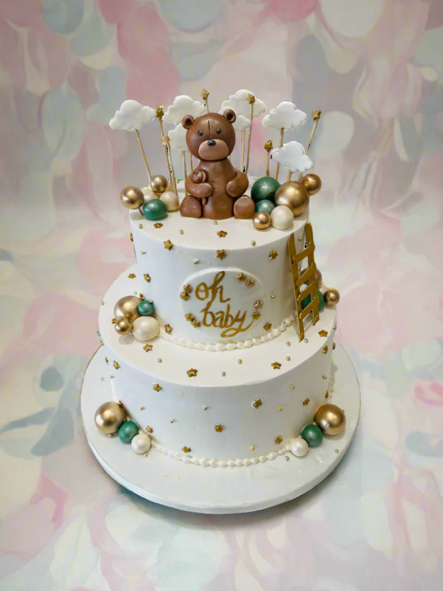Sage Green & Gold Teddy Cream Cake - Image 3