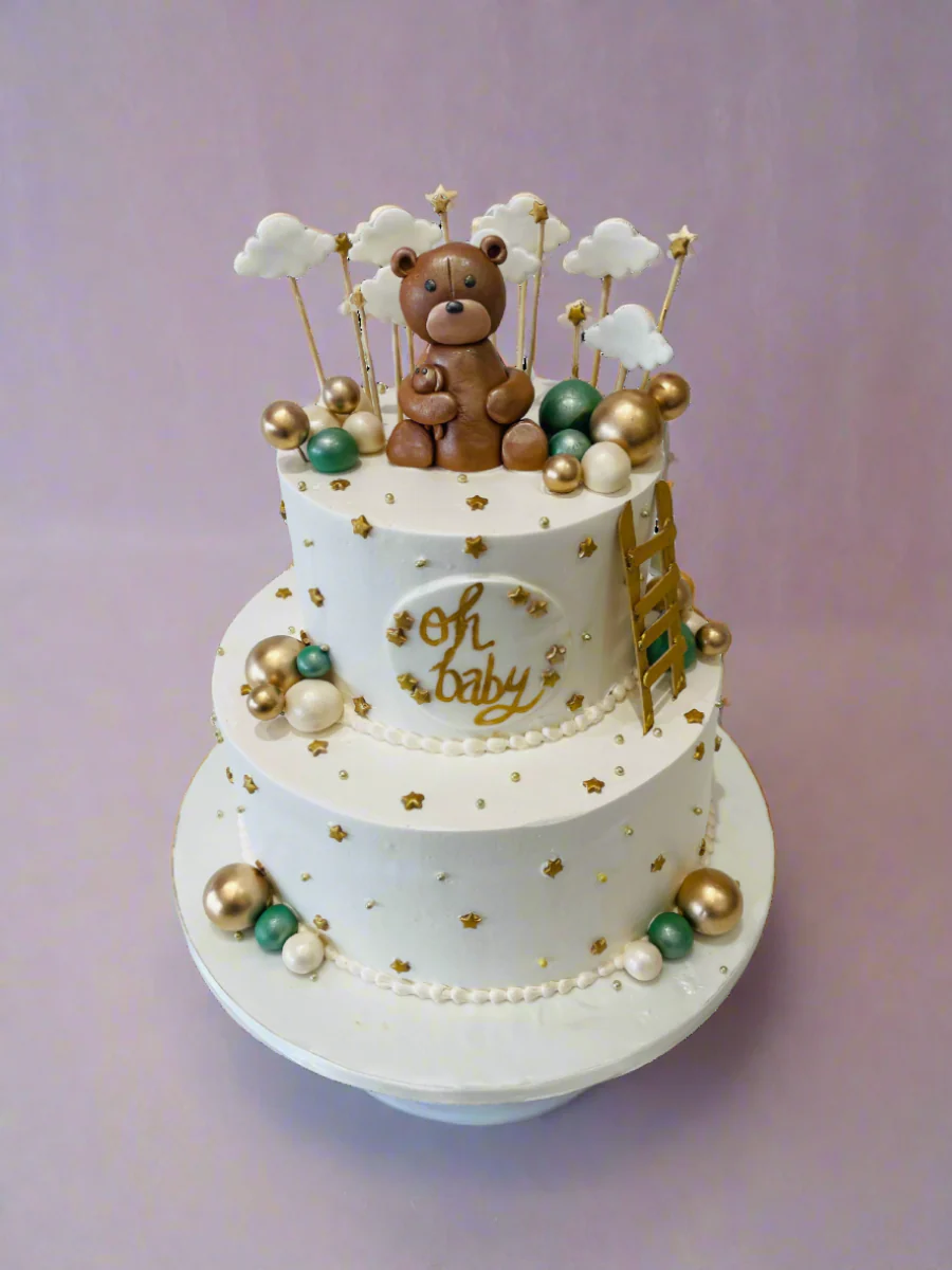 Sage Green & Gold Teddy Cream Cake - Image 4