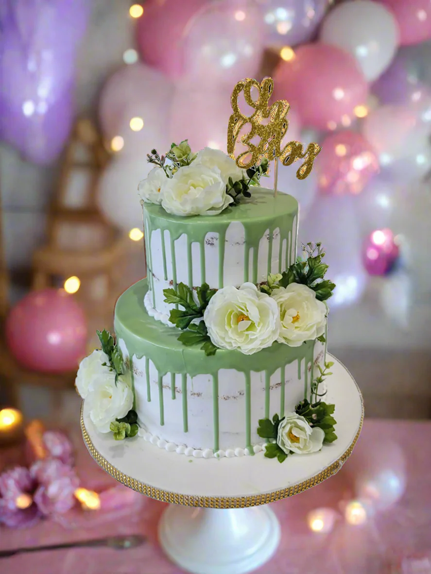 Sage Green Tiered Cream Cake - Image 2
