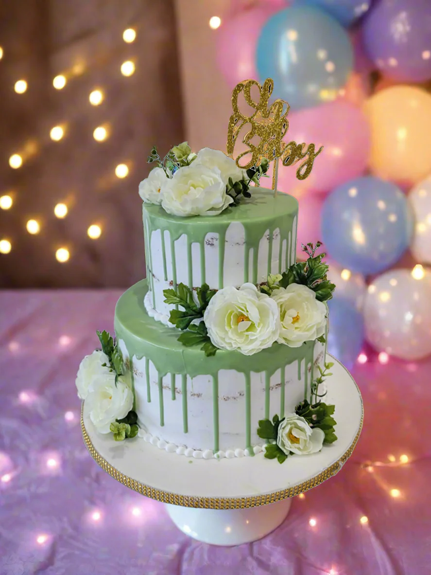 Sage Green Tiered Cream Cake - Image 3