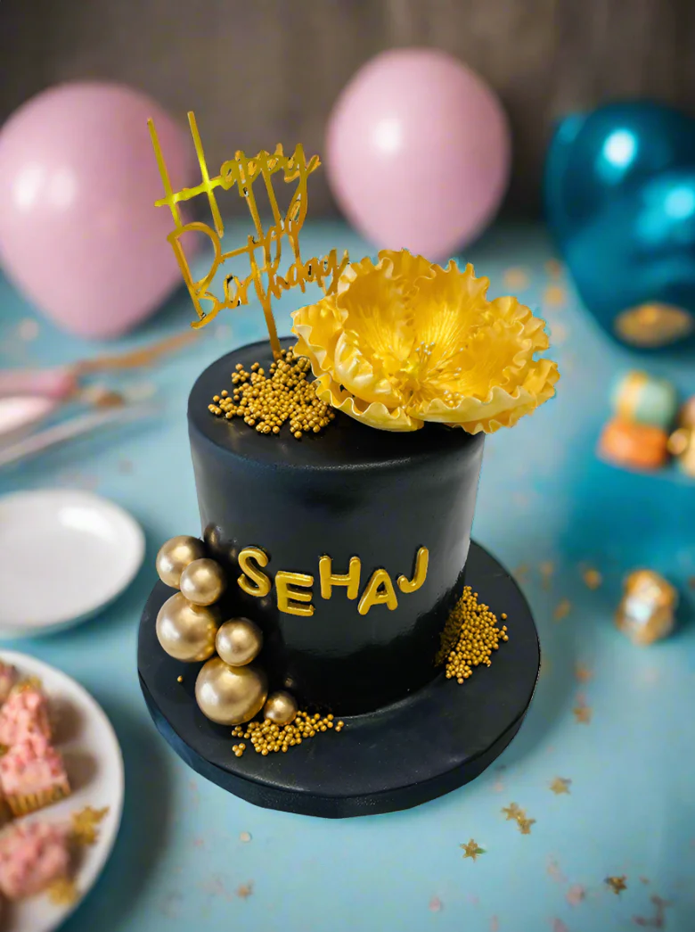 Sehaj Black And Gold Fondant Cake - Image 2