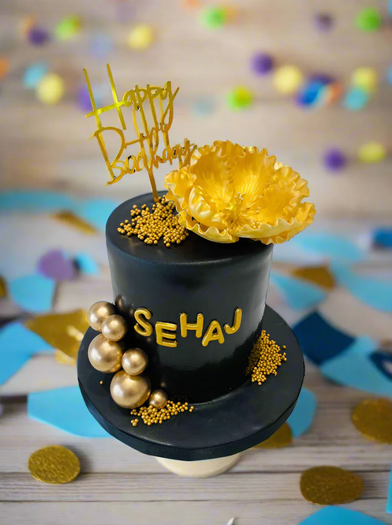 Sehaj Black And Gold Fondant Cake - Image 3