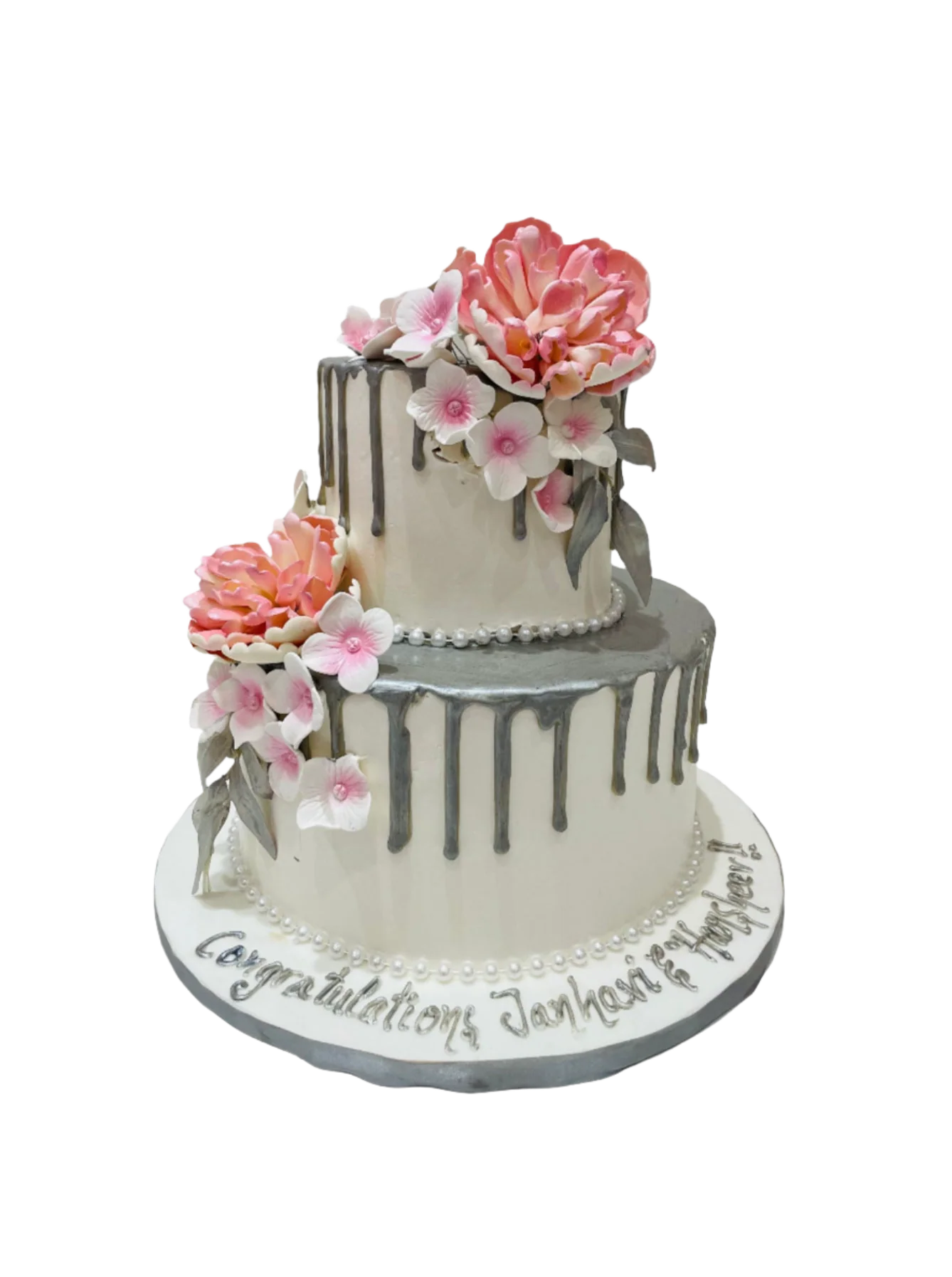 Silver & Pink Floral Wedding Cake