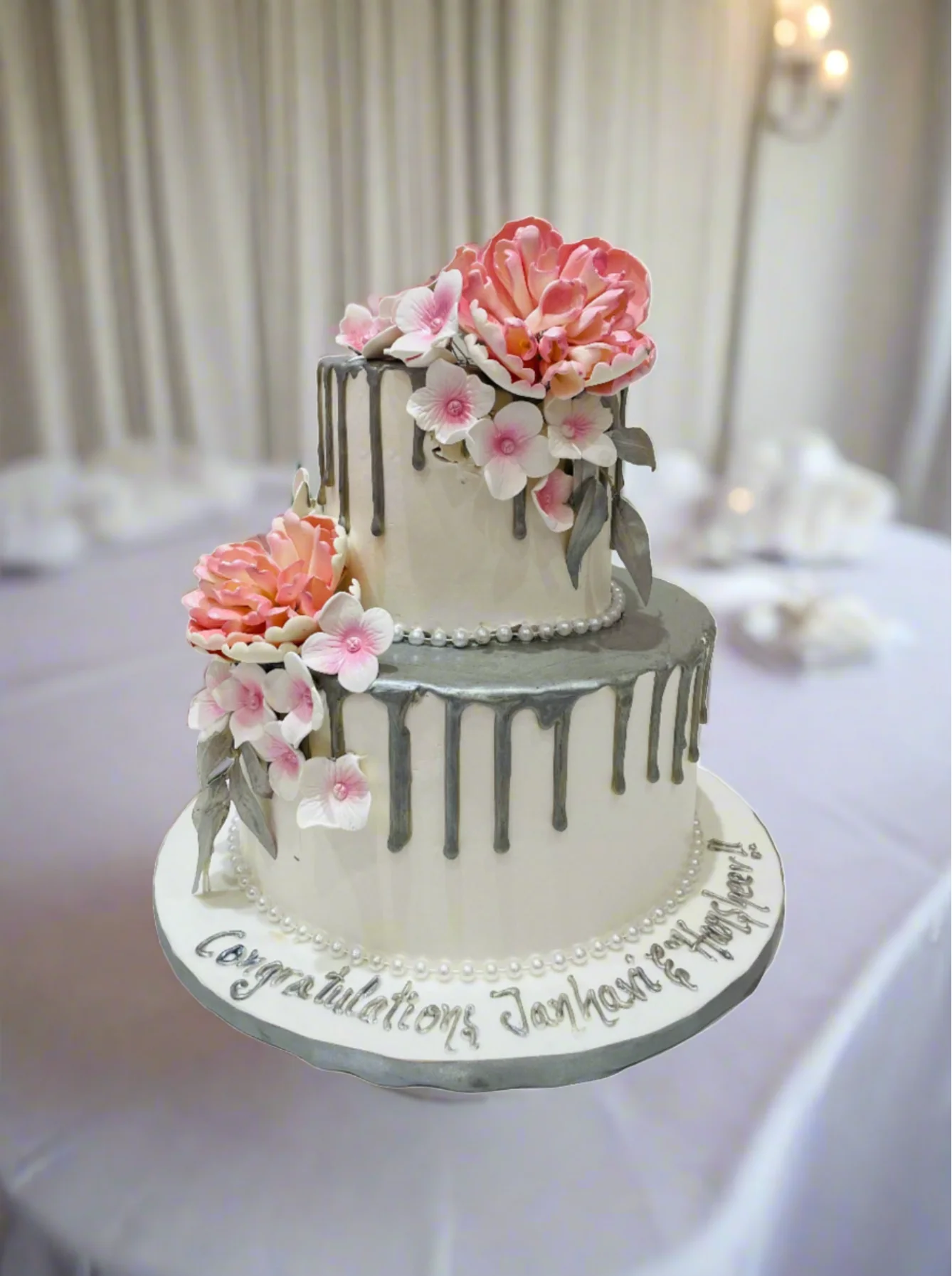 Silver & Pink Floral Wedding Cake - Image 3