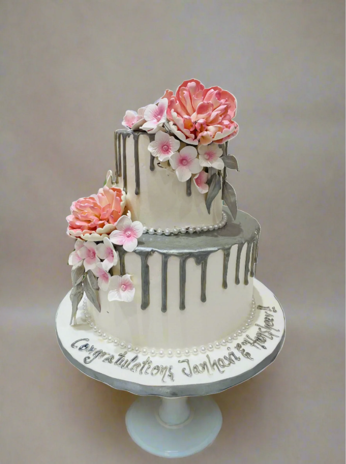 Silver & Pink Floral Wedding Cake - Image 4