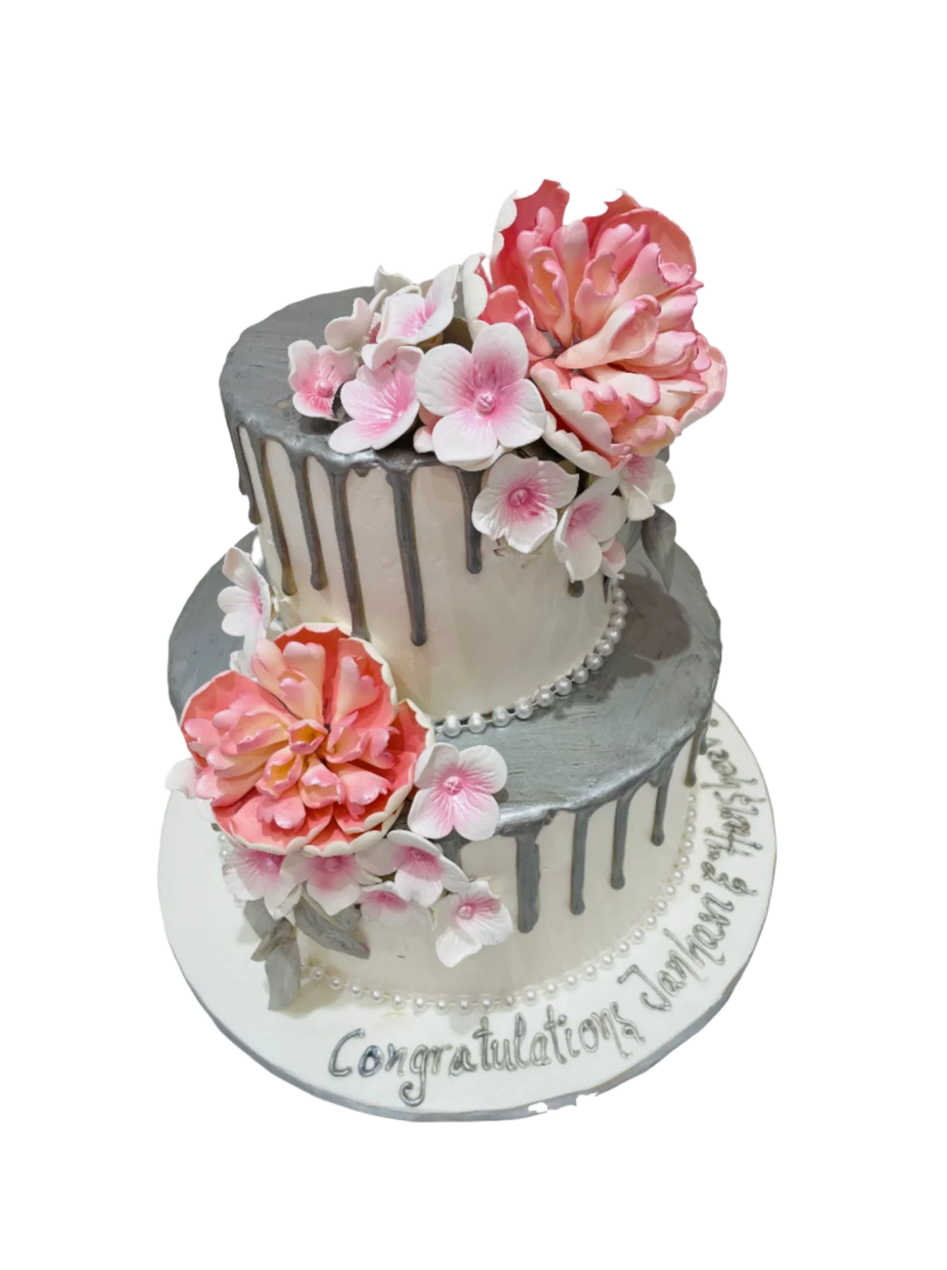 Silver & Pink Floral Wedding Cake - Image 5