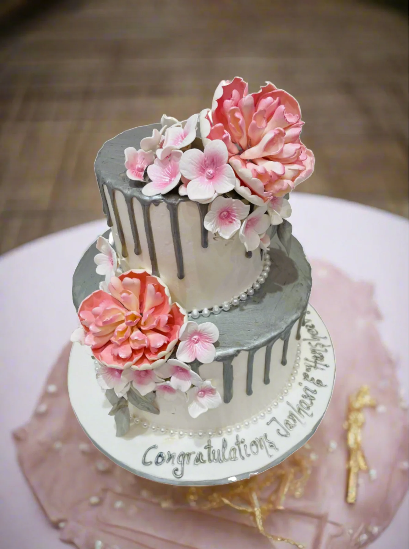 Silver & Pink Floral Wedding Cake - Image 6